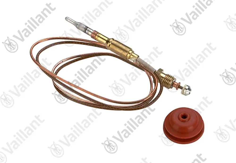 Vaillant Thermoelement mit einer Kupferleitung und einer roten Gummidichtung, zur Temperaturüberwachung in Heizsystemen. Werkzeug zur Installation oder Reparatur.